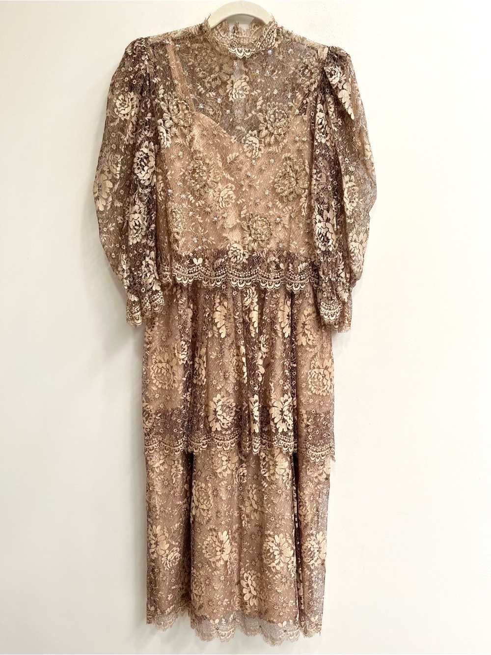 Vintage Rina DiMontella Silk Floral Lace Delicate Formal Dress Puff Sleeves Tan